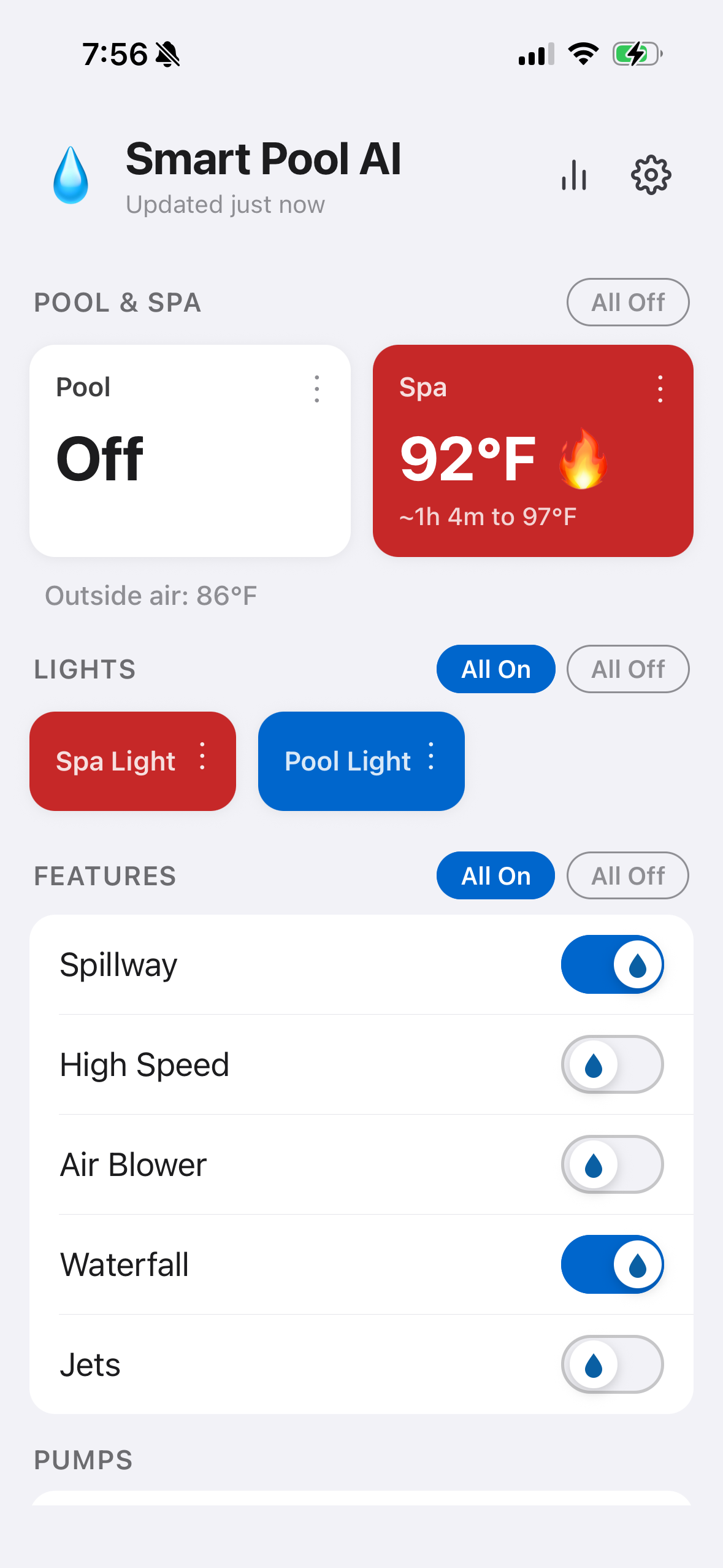 Smart Pool iPhone app showing Spa heating to 97°F with Smart Heat ETA, lights and feature controls